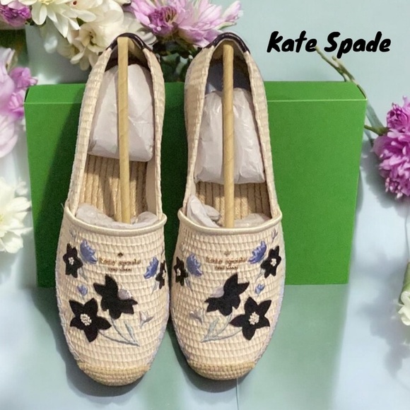 Kate Spade New Gwen Daffodil Raffia Straw Flat Shoes Size 8B Embroidered detail - Picture 1 of 8
